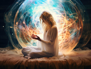 illustration of a women casting magical sphere from her hands. mystical illustration of etheral powe