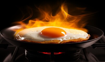 Frying pan with egg and fire on the stove, cooking on gas range, close-up of a single fried egg on the pan with orange light golden swirling smoke of heat rising above the cooked egg, appetizing view