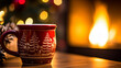 red ornamented ceramic mug on a table with a fireplace and christmas tree in the background