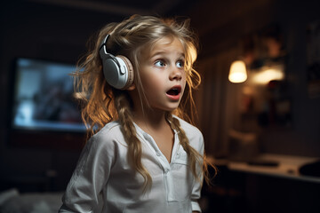 Wall Mural - little girl listens to music on headphones in the evening in the living room