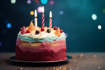 3 year old birthday cake decorated with fruit, texture is red valvet flavor