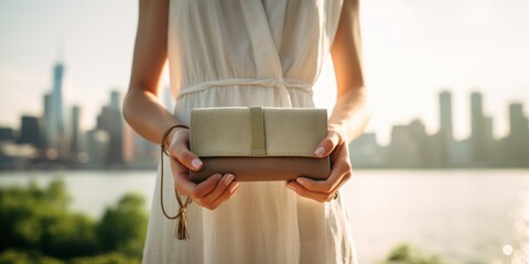 Poster - A woman in a white dress holding a tan purse, AI