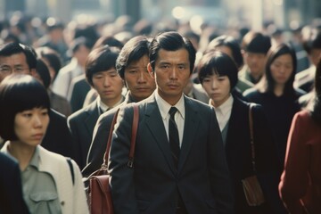 Sticker - Crowd of Asian people walking street in 1970s