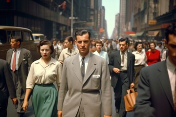 Sticker - Crowd of people walking street in 1950s