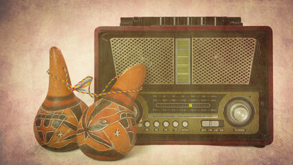 Vintage radio set on grunge background with Peruvian maracas, retro style