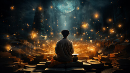 Wall Mural - astral yoga silhouette of human in cosmic space meditate. back view man practicing transcendental sp