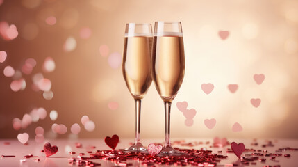 Wall Mural - Champagne glasses with sparkling liquid, accompanied by red heart-shaped decorations on a reflective pink surface