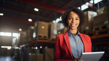 Wall Mural - Portrait of woman factory owner or manager in business suit use tablet computer for control results of his company on background warehouse. Banner industrial plant process, sunlight