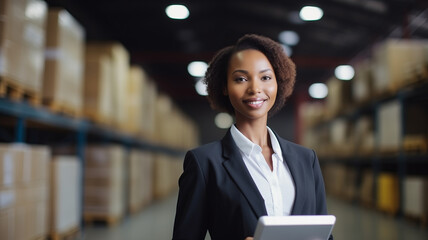 Wall Mural - Portrait of woman factory owner or manager in business suit use tablet computer for control results of his company on background warehouse. Banner industrial plant process, sunlight