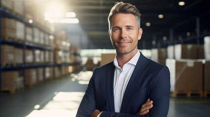 Wall Mural - Portrait of man factory owner or manager in business suit on background warehouse. Banner industrial plant process, sunlight