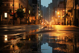 Fototapeta Londyn - Rainy cozy European downtown street at night. Generative AI
