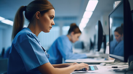 Wall Mural - Healthcare worker in blue scrubs writing on a medical chart, indicating a busy hospital or clinic setting.