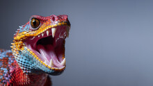 Colourful Snake Open Mouth Ready To Attack Isolated On Gray Background