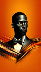 An elegant Black man in formal wear, poised and sophisticated, set against a striking orange background.