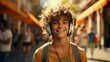 Genuine depiction of cheerful adolescent male with braces using earphones gazing at viewer positioned on sidewalk with companions in backdrop. Optimistic way of life, warm weather idea.