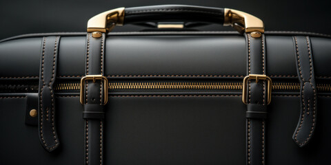 Poster - A black suitcase with gold handles on a black background, AI