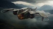 A Rustic Futuristic Aircraft Fighter Flying Through A Rain Storm, Denver Mountains Background, Stormy