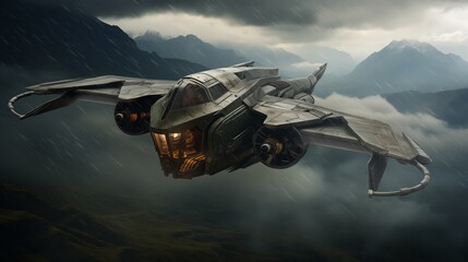 A rustic futuristic aircraft fighter flying through a rain storm, Denver mountains background, stormy