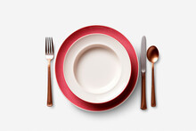 Red Plate With Fork, Spoon, Knife Isolated On Transparent Background, Png File