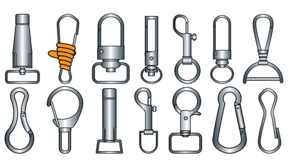 Wall Mural - Claw clasps and carabiners flat sketch vector illustration set, different types of clasps, buckles and carabiners for jewellery, climbing equipment, garments dress fasteners, Clothing and Accessories