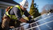 man worker on house roof installing solar pannel grid