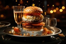 A Gourmet Hamburger With Foie Gras In A Glass Ceiling Coffee Overlooking The Stars., Generative IA