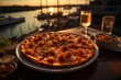 A shrimp pizza in a sea restaurant overlooking the sunset., generative IA