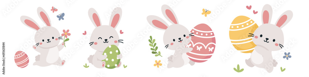 Set of flat vector illustrations for Easter holiday. Cute bunnies ...