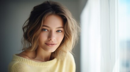 Wall Mural - Young woman wearing casual yellow winter sweater relaxed with serious expression on face. simple and natural looking at the camera near home window.