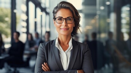 Poster - Smiling smart attractive mature Latin lady in glasses standing in lobby and looking at camera, she working in prosperous company