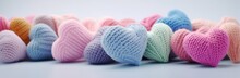 Colorful Knitted Hearts With Colored Background For Valentine's Day, Babyshower, Presentation