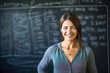 Portrait of a smiling teacher standing in front of a blackboard