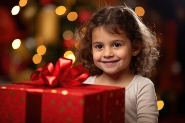 Sticker - A little girl holding a red gift box. Generative AI.