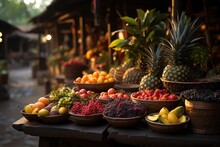 Local Market With Fresh Acai Mountains And Tropical Fruits Of Vibrant Colors., Generative IA