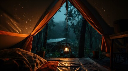 Poster - A tent with a bed and a lantern in the middle of the forest. Generative AI.