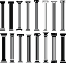 Ancient Pillar Or Columns Vector Icons Set. Elegant Classic Roman, Greek Architecture Line And Silhouette Column.