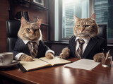 Fototapeta  - Cat manager and executive wearing a formal business suit in an office for a meeting or interview. Business and Corporate. Finance and Lawyer.  Thinking ideas. Success and win. Looking at camera. 
