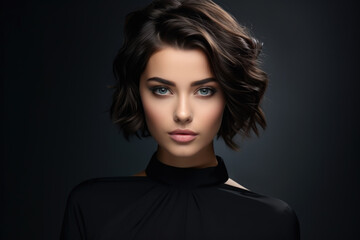 Wall Mural - Beauty young woman with dark short hair isolated on black studio background. Face of adult girl model with modern stylish hairstyle. Concept of portrait, style, fashion, haircut, care