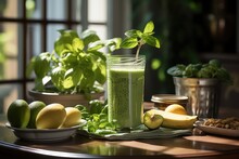 Protein Smoothie With Banana And Spinach In A Tall Glass In A Well -lit Kitchen., Generative IA