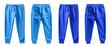  2 Set of dark light blue turquoise, front back view sweatpants jogger sports trousers bottom pants on transparent background, PNG file. Mockup template for artwork design