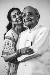 Confident and secure Indian senior citizen couple embracing each other, modern aging