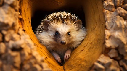 Wall Mural - Cute Hedgehog Peeking from Tree Hollow in Natural Habitat