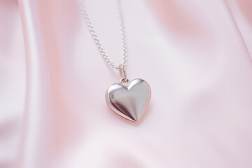 Delicate shiny heart shaped necklace on a minimalist pink background. Generative AI