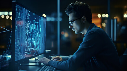 Software engineer working on computer, hacker, it worker in front of screen
