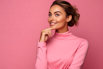 Wall Mural - Portrait of a young woman in pink shirt with finger on mouth looking up thinking, isolated on pink studio background