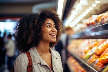 Portrait of a smiling young woman shopping in supermarket