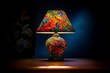 Bright table lamp with a colored lampshade on a dark background