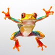 A colorful frog with red eyes and orange legs jumping in the air, AI