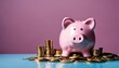 Budgeting symbolized - pink piggy bank beside coin pile on solid background, financial planning