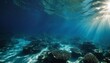 Scuba and diving backdrop, underwater ocean with blue abyss and sunlight streaming